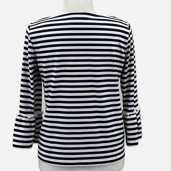 J. McLaughlin Striped Fringed Bell Sleeve Catalina Cloth Top Navy & White - XS - Picture 3 of 6